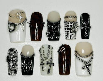 Gothic Y2K Press-On Nails, Junk Nail Art, Handmade Fake Nails