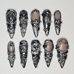 Gothic Chrome Handmade Press-on Nails, Chrome Hearts Inspired Fake Nails, Birthday Nails Art, Gifts for Her