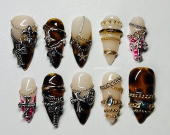 Handmade Tortoise Shell Press-on Nails, Gold Chain Accent, Boho Fall Nails