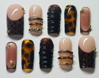 Fall Tortoise Shell Press-on Nails, Handmade Boho False Nails