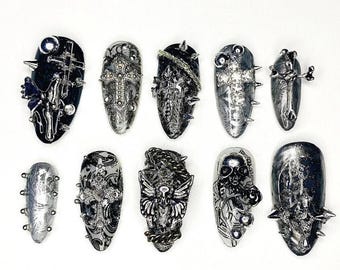 Gothic Punk Chained Press-On Nails, Handmade Nail Art