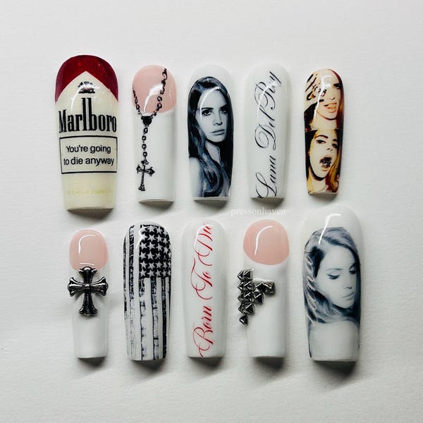Lana Del Rey Press-On Nails, Born to Die Nail Art, Handmade Fake Nails