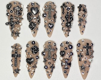 Gothic Silver Junk Style Press-on Nails, Handmade Cross Skull Nail Art