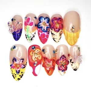 Tropical Floral Handmade Press-on Nails, 3D Flower Inspired Fake Nails, Birthday Nails Art, Gifts for Her, Custom Nails