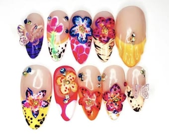 Tropical Floral Handmade Press-on Nails, 3D Flower Inspired Fake Nails, Birthday Nails Art, Gifts for Her, Custom Nails