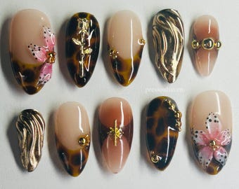 Fall Tortoise Shell Press-on Nails, Floral Gold Accent, Handmade