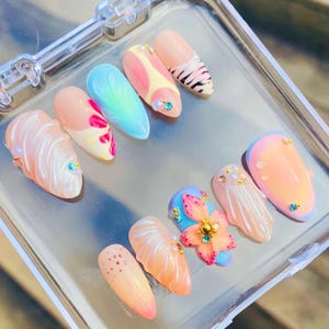 Tropical Spring Handmade Press-on Nails, Summer Spring Inspired Fake Nails, Birthday Nails Art, Gifts for Her, Custom Nails