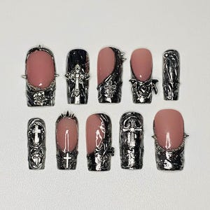 Uñas postizas góticas hechas a mano, uñas postizas de inspiración punk, uñas de cumpleaños, regalos para ella