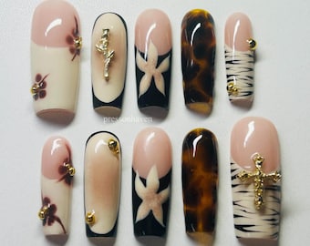 Fall Tortoise Shell Press-On Nails, Floral Nail Art, Handmade