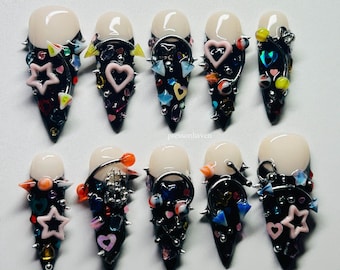Gothic Punk Junk Nails, Cross Piercing, Handmade Press-Ons