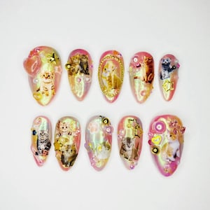 Fairy Kitten handgemaakte persnagels, kat geïnspireerde nepnagels, verjaardag Nails Art, cadeaus voor haar, aangepaste nagels