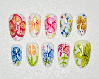 Handmade Flower Sketch Press-on Nails, Floral Nail Art