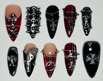 Plaid Punk Rock Handmade Press-on Nails, Punk Inspired Fake Nails, Birthday Nails Art, Gifts for Her