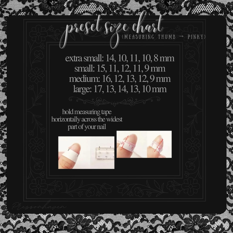 Puede incluir: Un cuadro de tallas de u&ntilde;as postizas en blanco y negro. El cuadro incluye medidas en mil&iacute;metros para tallas extra peque&ntilde;as, peque&ntilde;as, medianas y grandes. Instrucciones e im&aacute;genes muestran c&oacute;mo medir las u&ntilde;as.