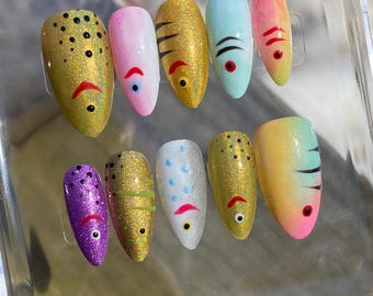 Handmade Fishing Lure Press-On Nails, Fish Art, Medium Almond