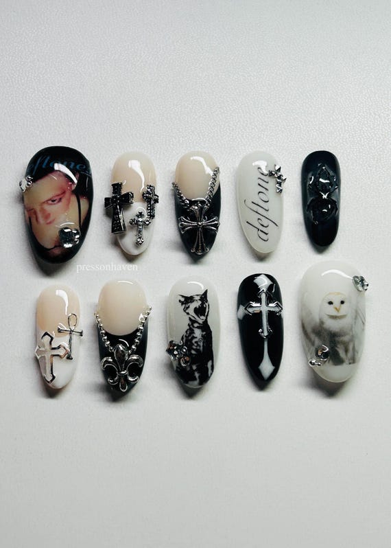 Deftones Inspired Press-On Nails, Gothic Nail Art, Handmade Fake Nails