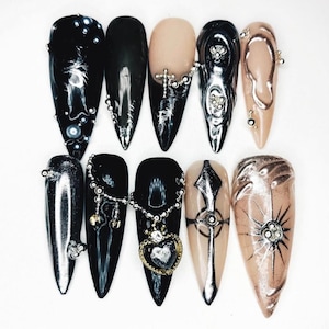 Uñas postizas góticas hechas a mano, uñas postizas de inspiración punk, uñas de cumpleaños, regalos para ella, uñas personalizadas