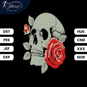 May include: Embroidered design of a white skull with a red rose in its mouth. The skull is surrounded by green leaves. The design is suitable for embroidery projects.