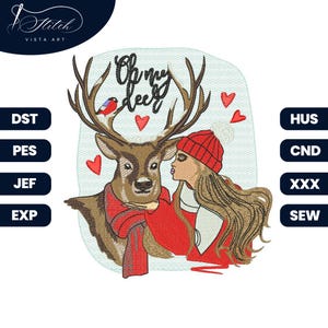 Girl With Deer Embroidery Design | Oh My Deer&#39; Romantic Winter Scene – Deer & Hearts |  Christmas Machine Embroidery Design