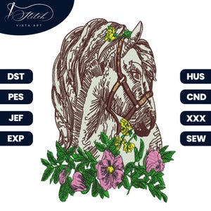Horse Flower Embroidery Designs | Horse Machine Embroidery Designs | Digital File