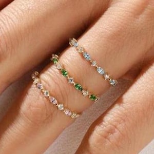 Alternating Marquise Aquamarine and Round Moissanite Birthstone Ring, Best Friend Gift, Wedding Band or Stackable Enhancer Rings*RI62