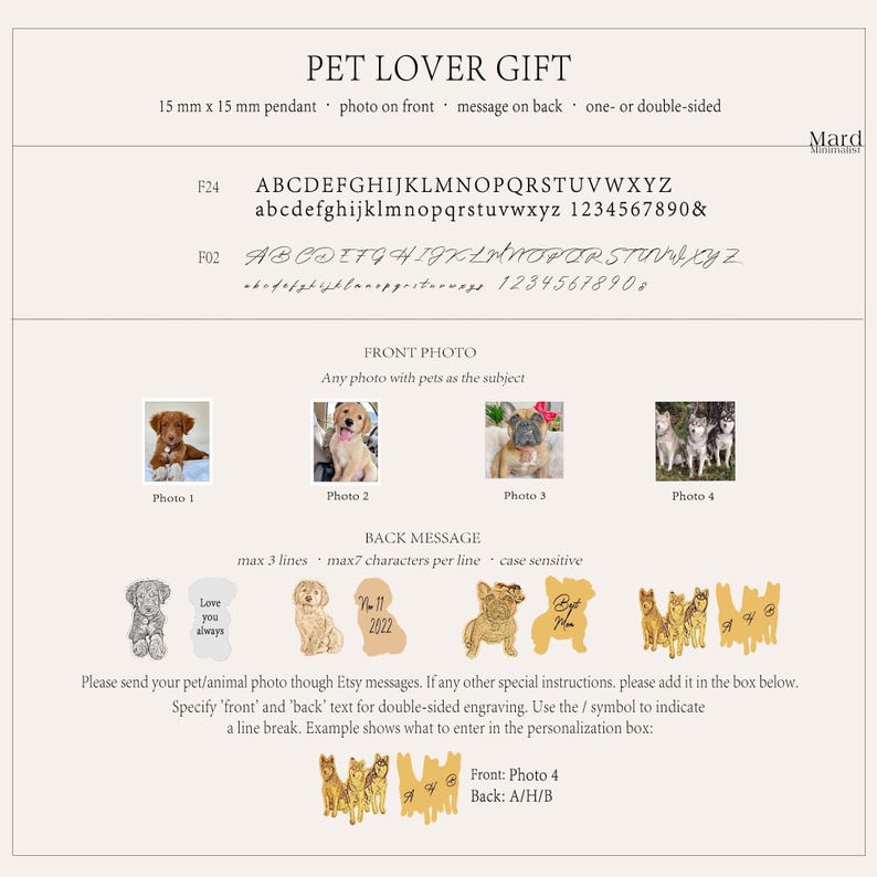 Puede incluir: Presentaci&oacute;n de un producto para un regalo para amantes de las mascotas. El texto incluye opciones para un colgante de 1,5 cm x 1,5 cm con una foto en la parte delantera y un mensaje en la parte trasera. Incluye opciones de fuente y ejemplos de fotos de mascotas.