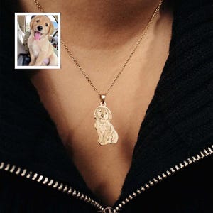 Puede incluir: Un collar dorado con un colgante con forma de perro. El colgante es una silueta detallada de un perro sentado. Una peque&ntilde;a foto enmarcada de un golden retriever est&aacute; en la esquina superior izquierda. El collar se lleva sobre un fondo negro.