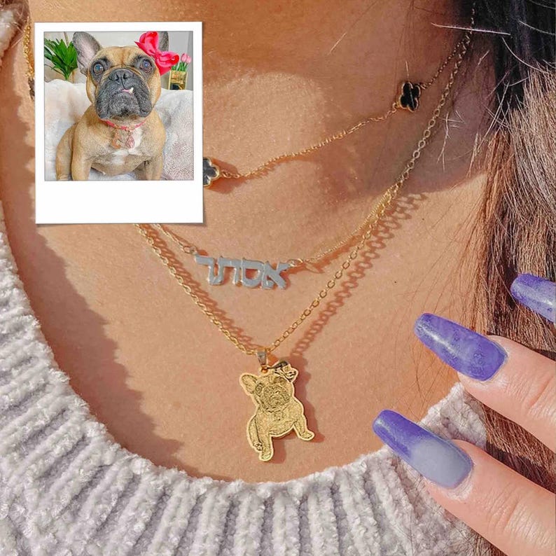 Puede incluir: Un collar dorado con un colgante con forma de bulldog franc&eacute;s. El collar est&aacute; superpuesto con una segunda cadena con un colgante con nombre y una tercera cadena con abalorios de tr&eacute;bol. Una foto de un bulldog franc&eacute;s est&aacute; en el fondo.