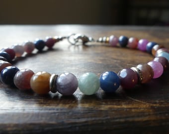 Sapphire beaded bracelet, genuine gemstone, multi colored stones
