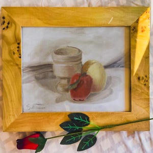 Original Still Life Oil Painting, Apple Wooden Cup Design, Art Gift for Home, Painting for Kitchen, Art Collectors