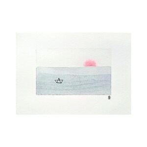 Piccola opera d'arte originale di Atelier Kuro / piccola cartolina acquerellata su carta di bambù / opera d'arte origami per bambini con barca sul mare