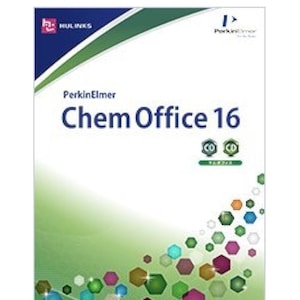 May include: A software box for ChemOffice 16 by PerkinElmer. The cover is white with green and blue accents, and the title is in large blue letters. The box also features the logos of Hulinks and PerkinElmer.