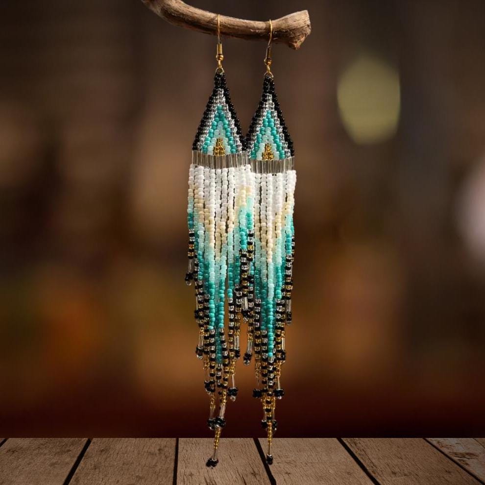 Vibrant Grey Green Rice Beads Boho Handmade Beaded Tassel Dangle ...