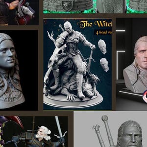 May include: A collection of grey 3D printed figurines of a character from the Witcher video game series. The figurines depict the character in various poses, including sitting on a wolf, standing with a sword, and a bust of the character's head. The text "The Witcher" and "4 head variations" is visible in the image.