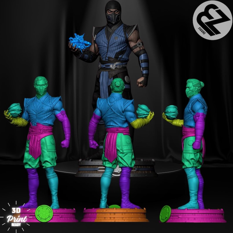 May include: Three 3D printed figurines of a character from a video game. The figurines are in different poses and are painted in shades of blue, green, and purple. The figurines are on a black background.