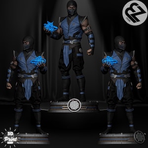 May include: Three 3D printed figures of a blue and black character holding a blue orb. The figures are posed in different stances and are standing on circular bases.