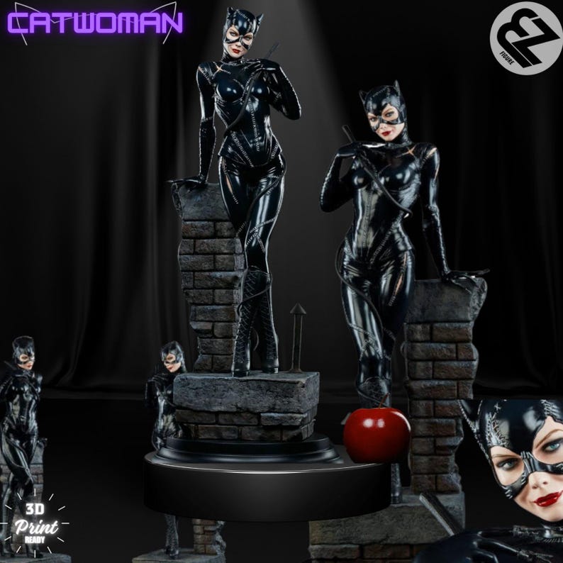 May include: A 3D printed model of Catwoman from the Batman franchise. The model is posed in a seductive stance, with one hand on a brick wall and the other holding a whip. The model is painted in black and has a red apple in front of it.