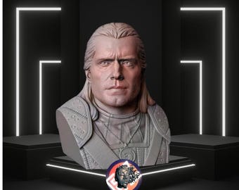 May include: A detailed bust sculpture of a man with short, dark hair. The sculpture is painted in shades of gray and brown, and features intricate details on the clothing and facial features. The bust is set against a black background with white light panels.