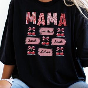 Comfort Colors® Mama Shirt Customized w/Kids Names, Mother&#39;s Day T-Shirt, Cherry Coquette Bow Tee, Gift for Mom, Mommy, Daughter, Pregnancy