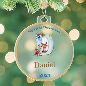 Letra "D" personalizada para la primera Navidad de 2024 para bebé niño, monograma azul, adorno de acrílico con nombre personalizado, regalo para padres y abuelos