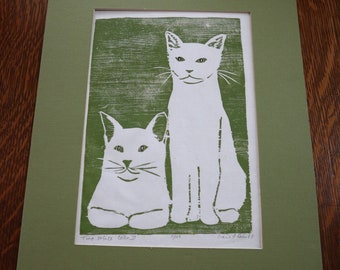 Original block print green cats