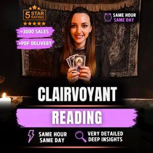 May include: A clairvoyant reading service advertisement featuring text that reads 5 STAR RATING, +3000 SALES, +PDF DELIVERY, SAME HOUR SAME DAY, CLAIRVOYANT READING, and VERY DETAILED DEEP INSIGHTS. The graphic includes icons of stars, a clock, a lightning bolt, and a magnifying glass.