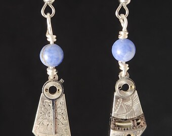 Sodalite Steampunk Earrings - Antique Watch Balance Staff Dangles - Mechanical Jewelry - Stone of Logic