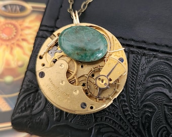 Aventurine Steampunk Necklace - Antique Silver Watch Movement - Good Luck & Opportunity Talisman - Upcycled Jewelry
