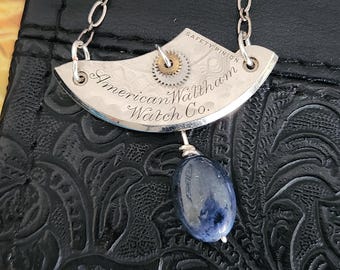 Steampunk Necklace - Dumortierite with Antique Silver Watch Movement Pendant - Upcycled Jewelry