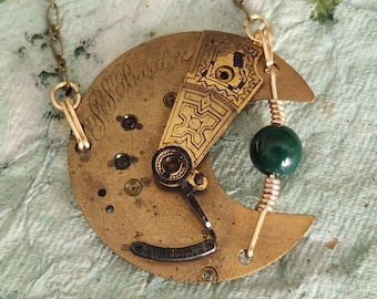 Steampunk Necklace - Malachite and Antique Brass Watch Movement Plate Pendant Stone Jewelry