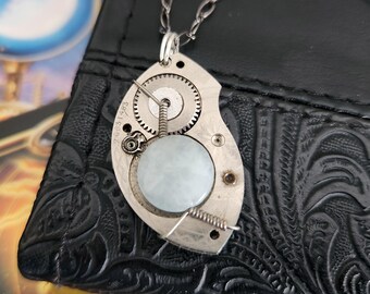 Steampunk Aquamarine Pendant Necklace – Antique Watch Gear, March Birthstone Jewelry