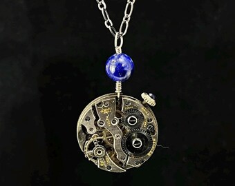 Steampunk Necklace - Blue Lapis Lazuli and Antique Pocket Watch
