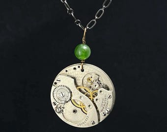 Steampunk Necklace - Green Nephrite Jade and Antique Pocket Watch