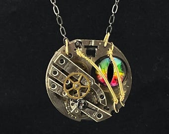Steampunk Necklace - Glass Rainbow Eye and Antique Pocket Watch